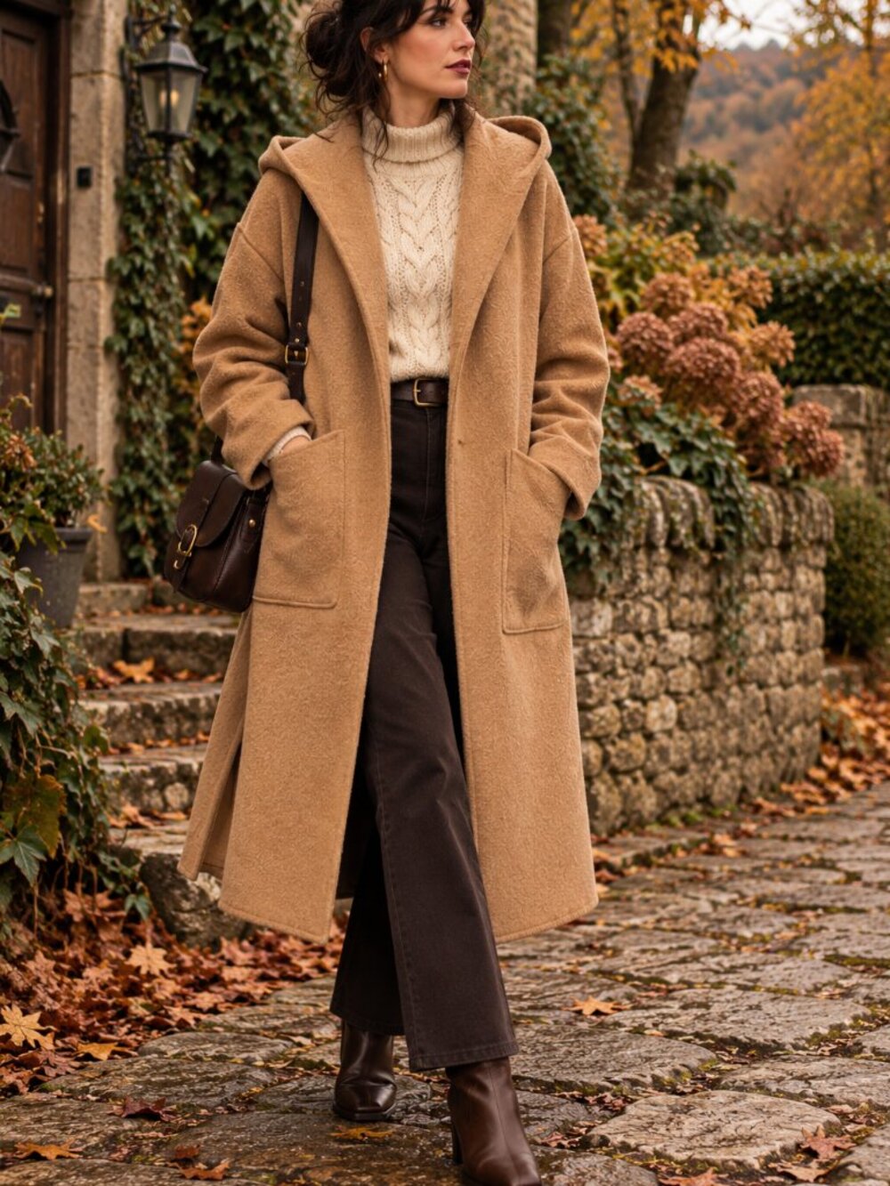 Belle & Bloom Wool Blend Hooded Wrap Coat Camel Tan Belted Size XL
